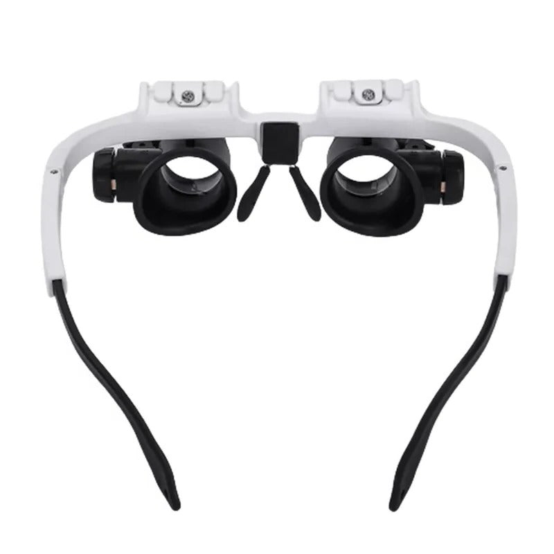 Hands-free LED illuminated headband magnifier for electronics repair, jewelry inspection, and crafting.