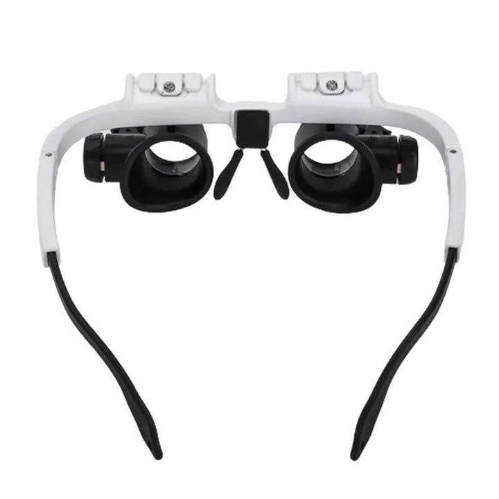 Hands-free LED illuminated headband magnifier for electronics repair, jewelry inspection, and crafting.