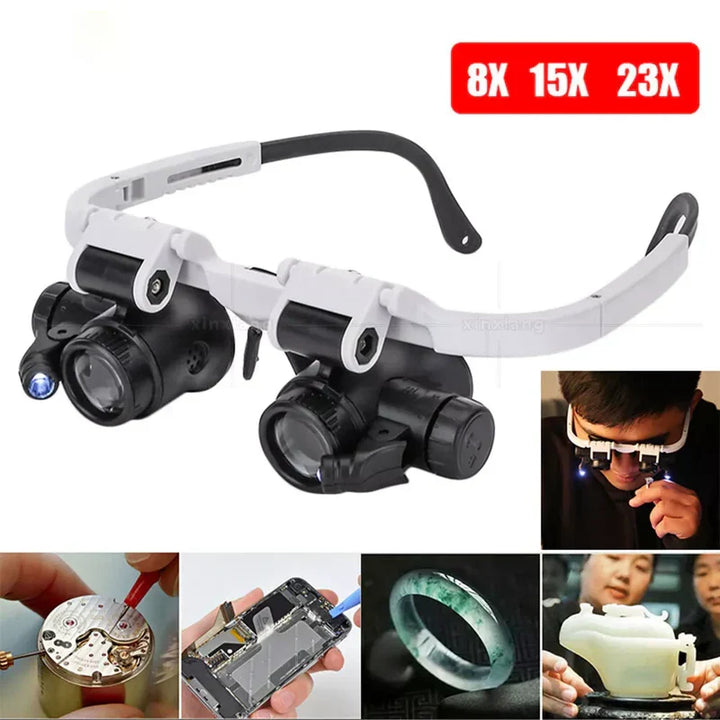 Precision headband magnifier with adjustable LED light, perfect for hobbyists & intricate detailed tasks.