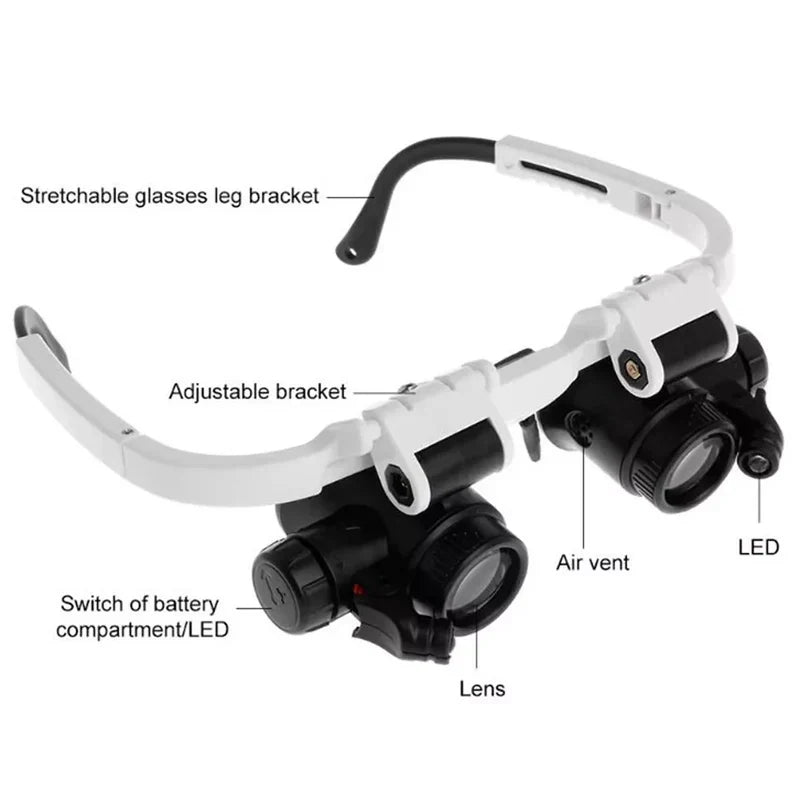 Durable unisex headband magnifier with bright LED light for detailed crafting, reading, & inspections.