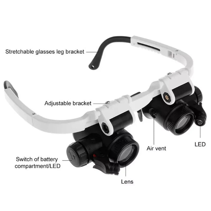 Durable unisex headband magnifier with bright LED light for detailed crafting, reading, & inspections.