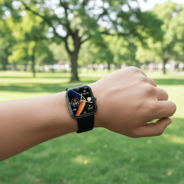 Non-invasive blood sugar monitoring smartwatch, tracks heart rate, blood pressure, sleep for improved health.