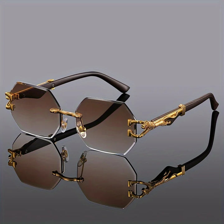 Close-up of unisex hexagonal sunglasses, highlighting unique shape and UV protected lenses.