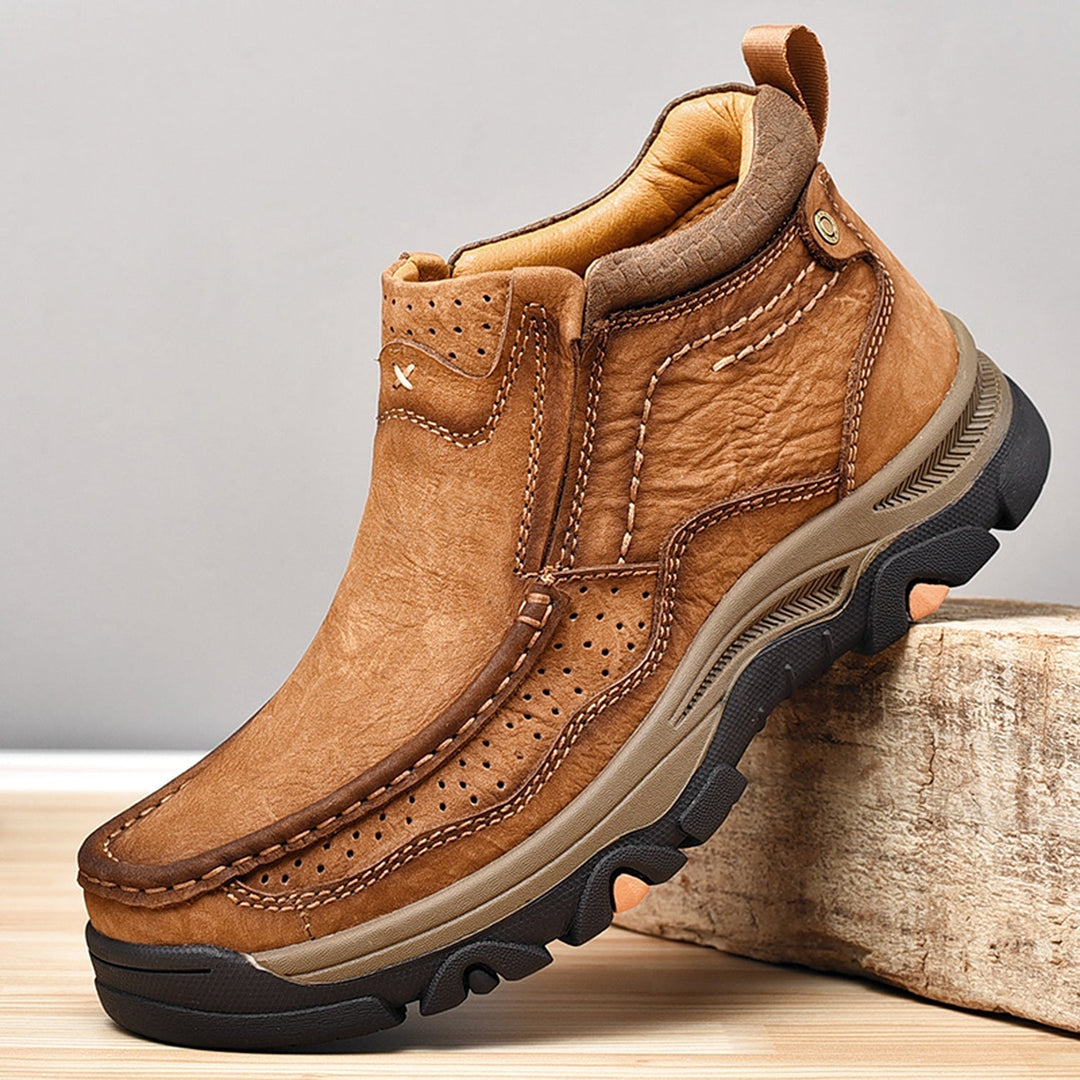 High-angle shot of black leather high-top comfort shoes, perfect for orthopedic relief and casual outfit