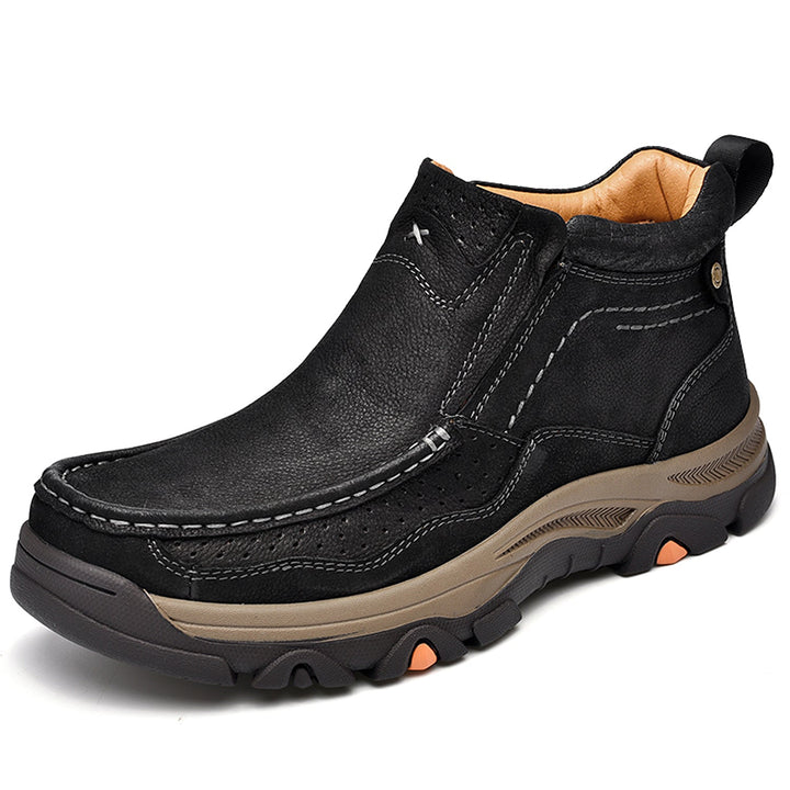 Side view of unisex high-top comfort shoes, black leather with orthopedic support for everyday relief