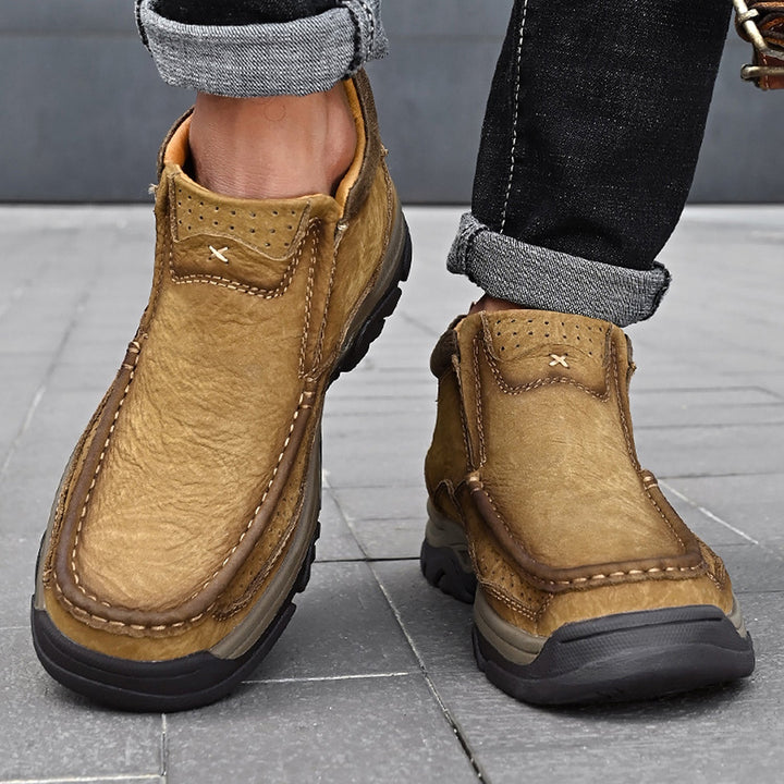 Unisex black leather high-top comfort shoes, engineered for orthopedic support and everyday durability