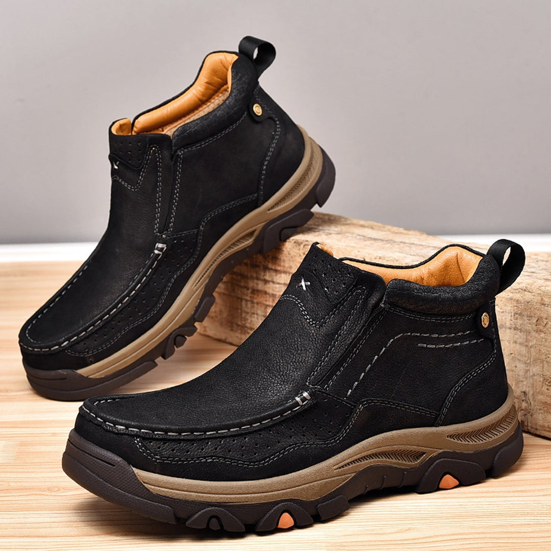 Orthopedic high-top black leather shoes, unisex, ensuring all-day comfort and foot relief