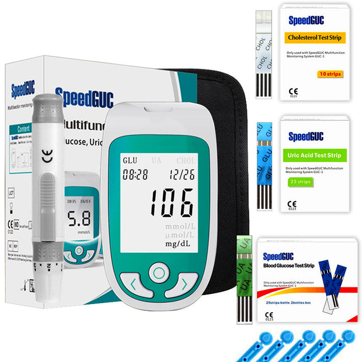 Unisex home health monitor for easy at-home cholesterol, glucose & uric acid testing. Personal health tracker.