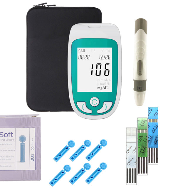 Complete at-home health monitor for adults, tracking cholesterol, blood glucose & uric acid levels.