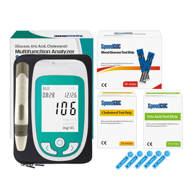 Sleek digital home health monitor for accurate cholesterol, glucose & uric acid tests. Essential for wellness.