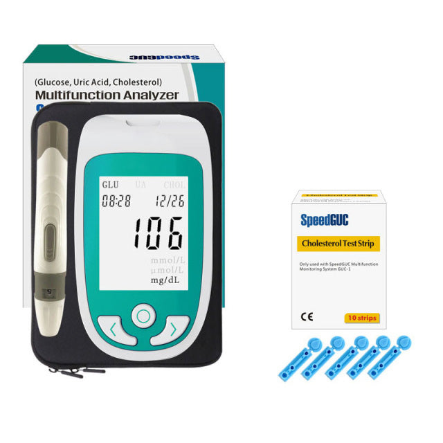 Portable unisex monitor for cholesterol, glucose & uric acid testing. Ideal for personal health tracking.