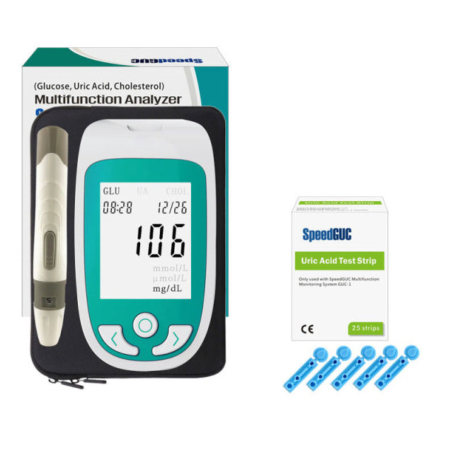 Easy-to-use home health device for men & women to test cholesterol, glucose & uric acid levels.