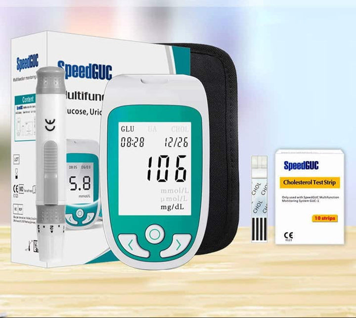 Advanced home health monitor providing precise cholesterol, glucose & uric acid readings for health management.