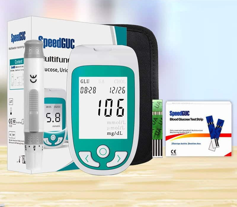 Simple home health monitor kit for essential cholesterol, glucose & uric acid testing. Diabetes & gout care.