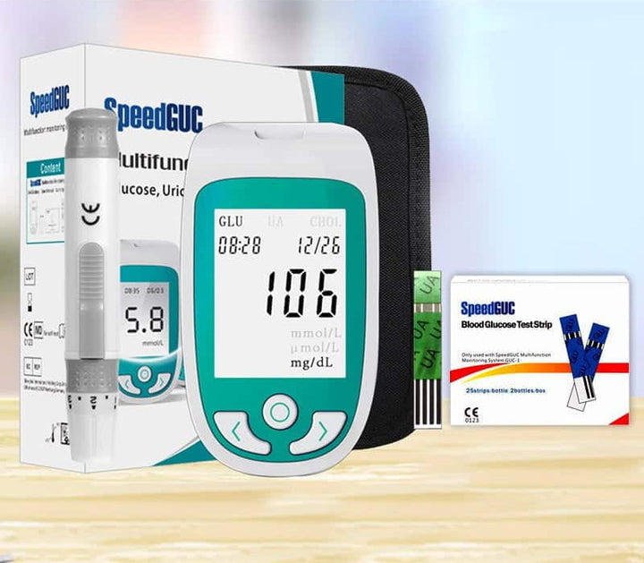 Simple home health monitor kit for essential cholesterol, glucose & uric acid testing. Diabetes & gout care.