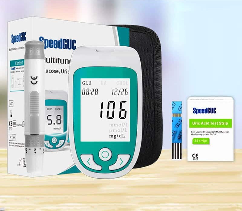 Unisex health monitor displaying cholesterol, glucose & uric acid results, perfect for daily tracking.