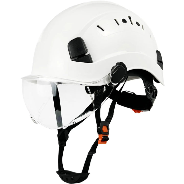 Premium safety helmet, unisex, with integrated eye protection and face shield for job site.