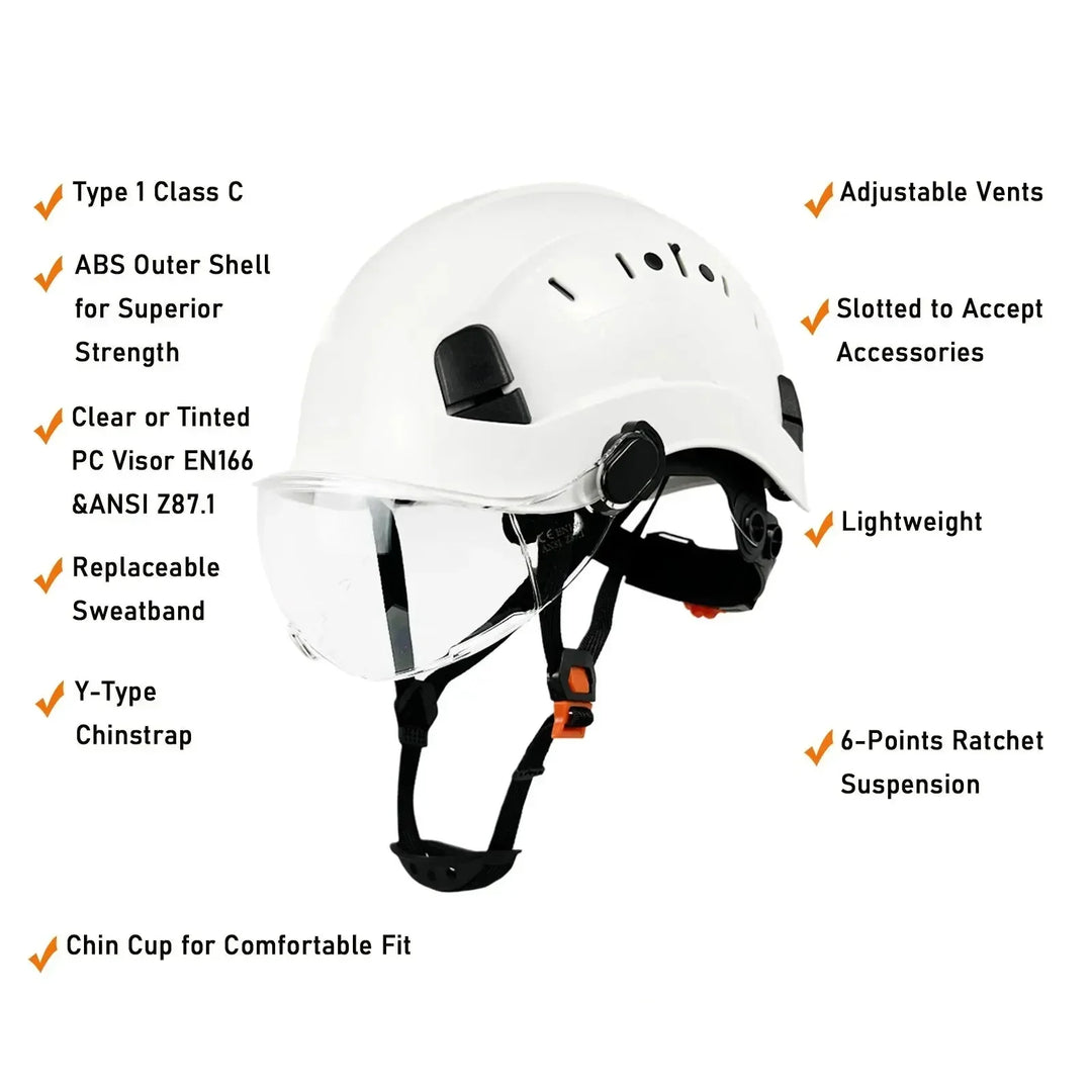 ANSI certified hard hat with retractable face shield & eye protection for worker safety.