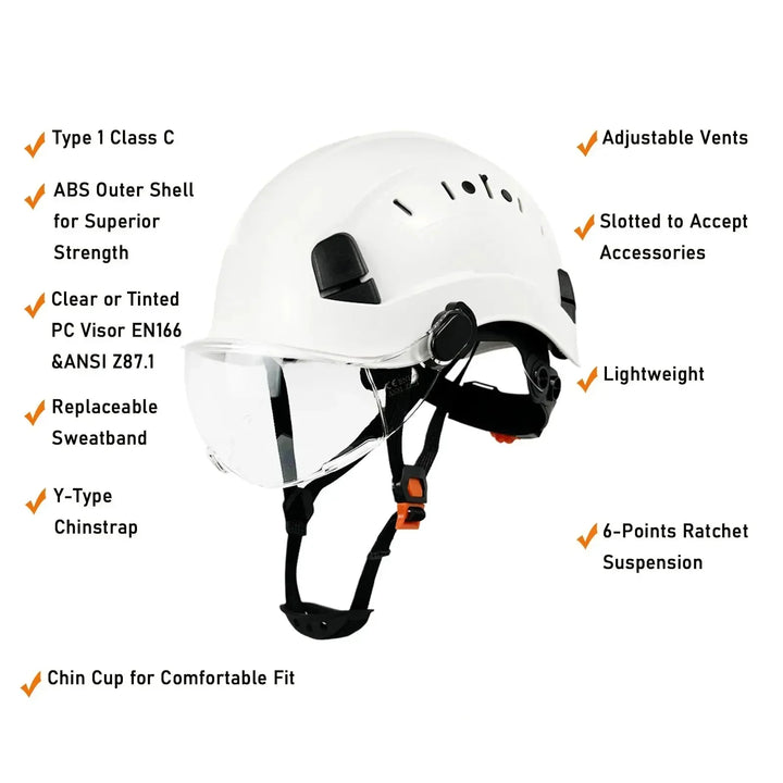ANSI certified hard hat with retractable face shield & eye protection for worker safety.