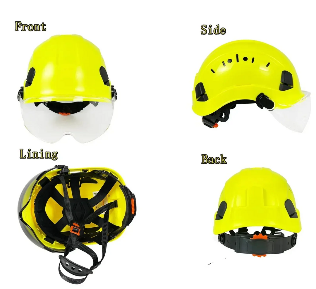 Protective ABS safety helmet with built-in visor and goggles for industrial work.