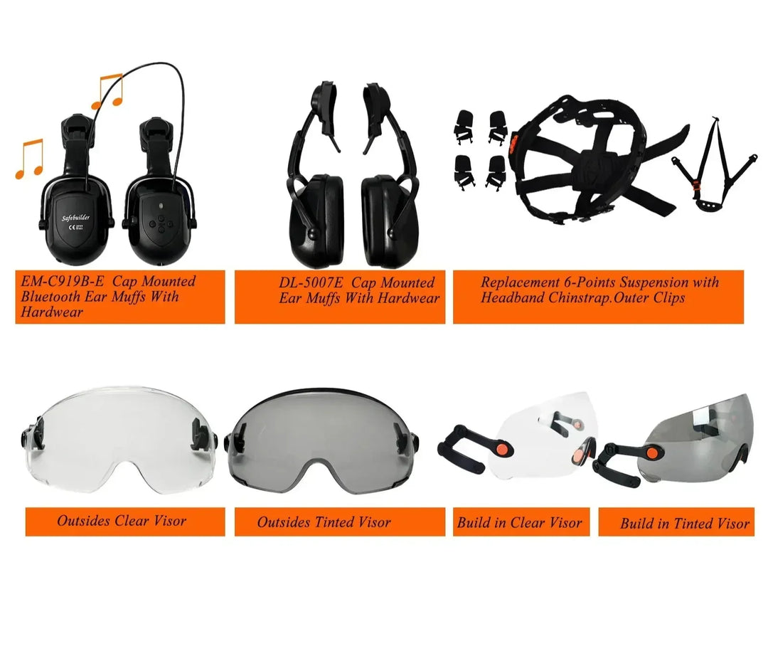Job site safety helmet, unisex, with clear integrated face shield & eye protection.