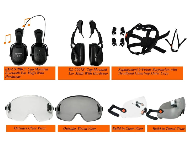 Job site safety helmet, unisex, with clear integrated face shield & eye protection.