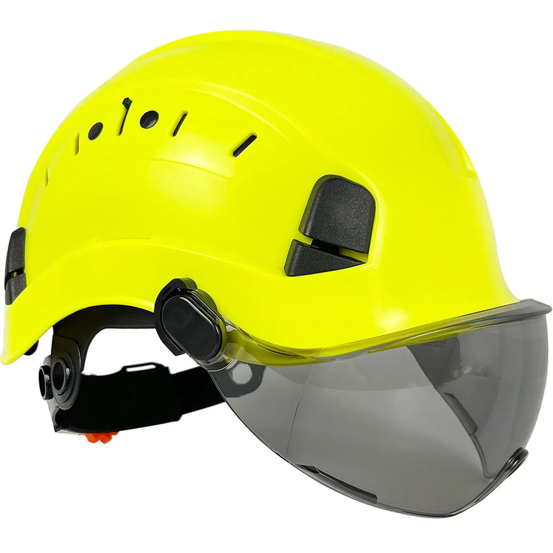 Hard hat for construction workers, includes retractable goggles & protective visor.