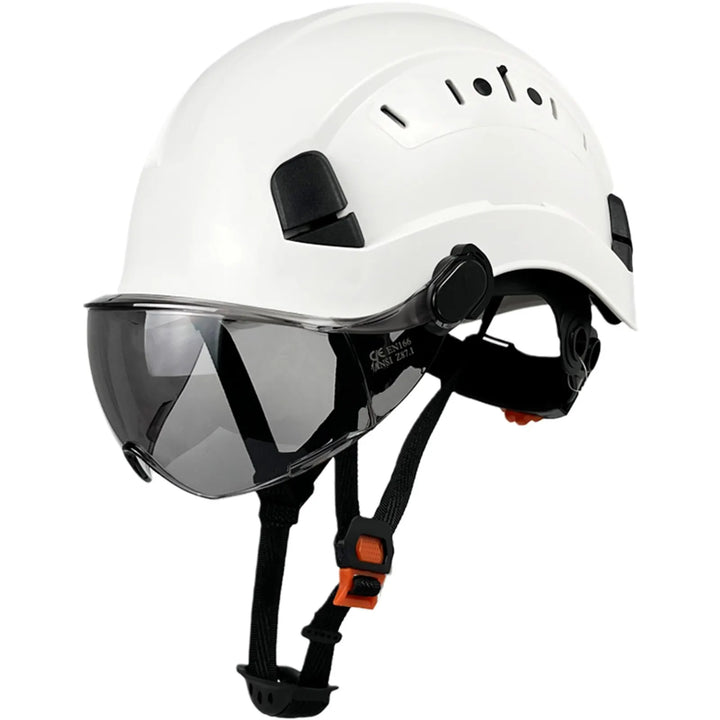 Industrial work safety helmet, ABS, with integrated eye protection and face shield.