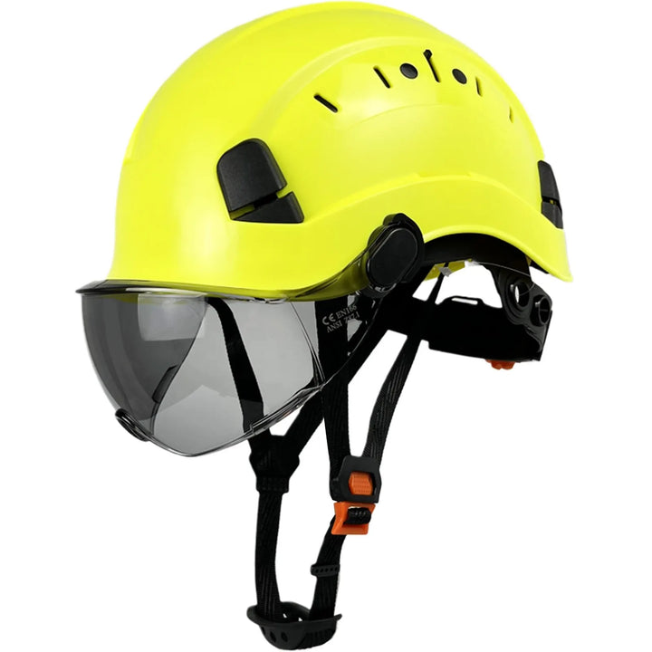 Unisex PPE hard hat, ANSI certified, with built-in goggles & visor for full protection.