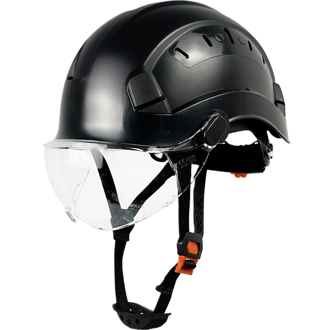 Construction safety helmet, durable ABS, features integrated eye goggles & face shield.