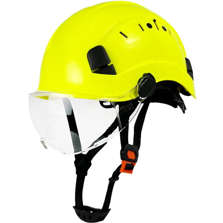 Worker protective gear: industrial hard hat with integrated visor and safety goggles.