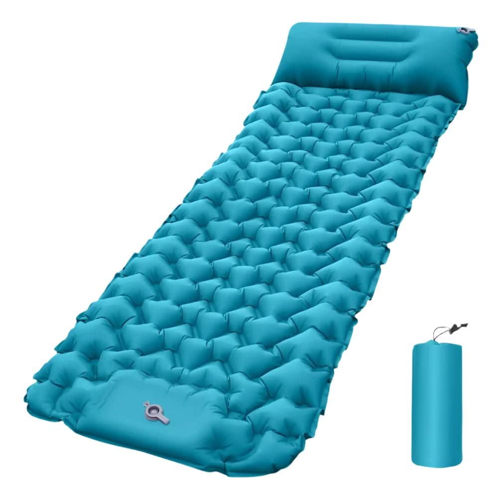 Lightweight camping gear: inflatable sleeping pad with ergonomic design for restful sleep.