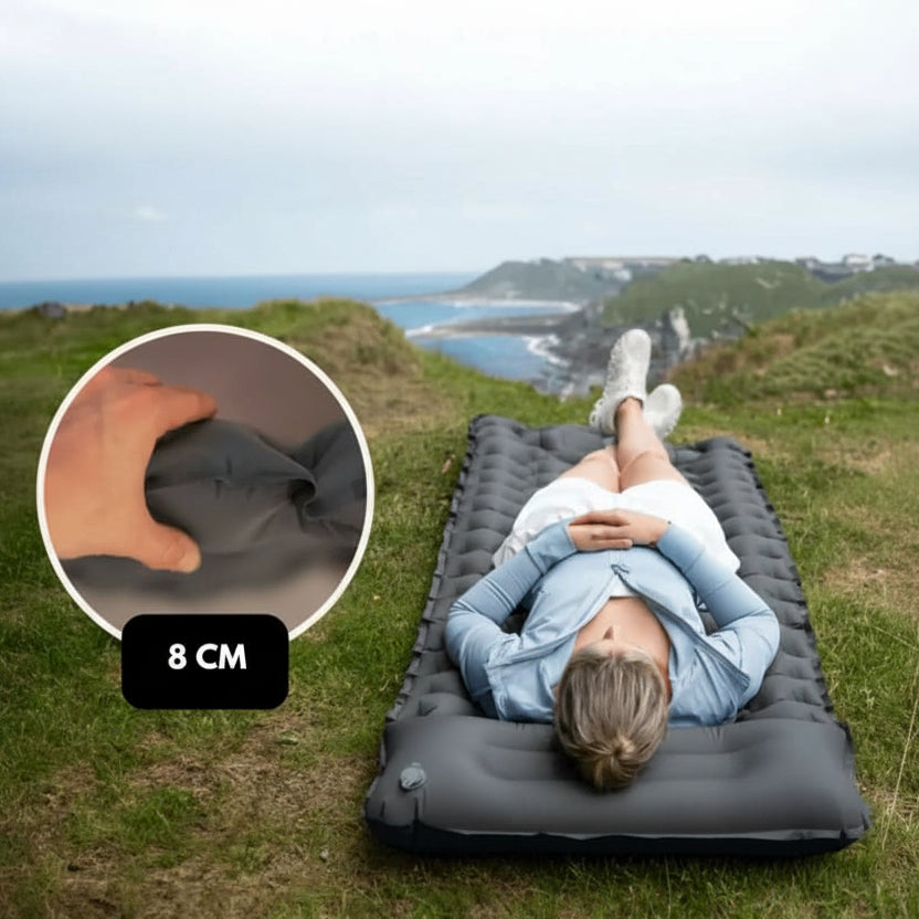 Adventure-ready unisex camping mattress; easily inflates with an integrated foot pump.