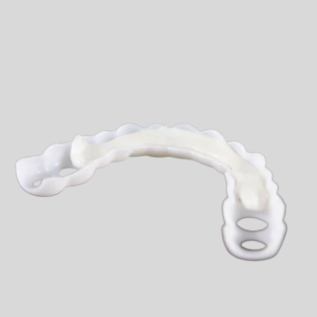 Reusable unisex snap-on veneers for a full set of teeth, providing instant cosmetic smile enhancement & confidence.