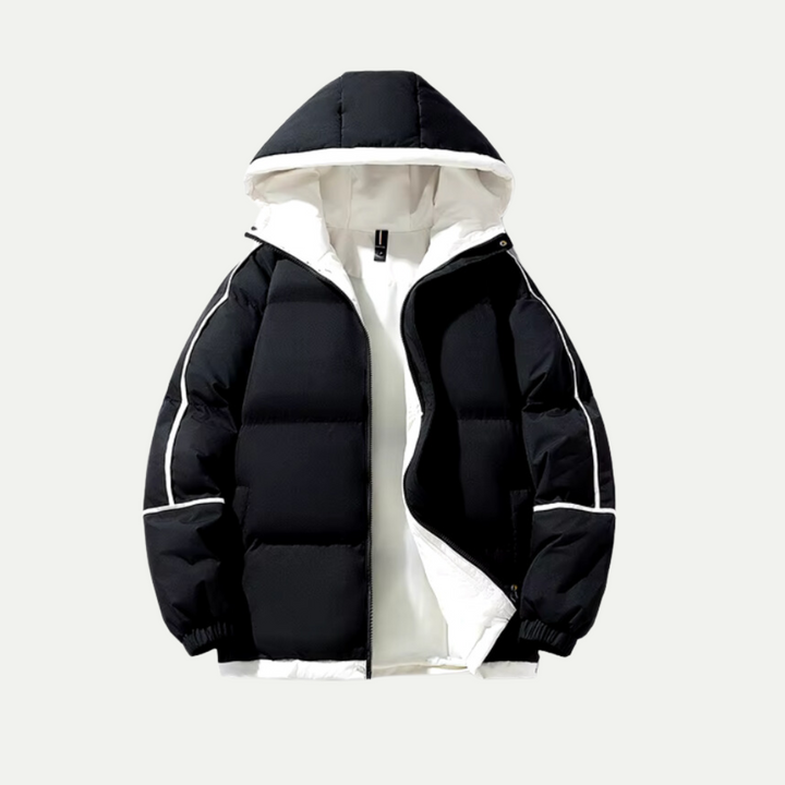 Close-up of durable fabric on a unisex insulated puffer parka, built for winter warmth.