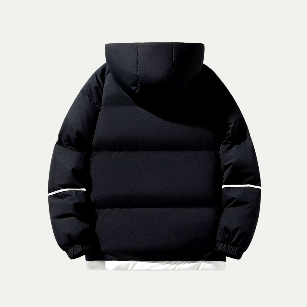 Full-length view of a person wearing a unisex hooded puffer parka, ready for cold adventures.