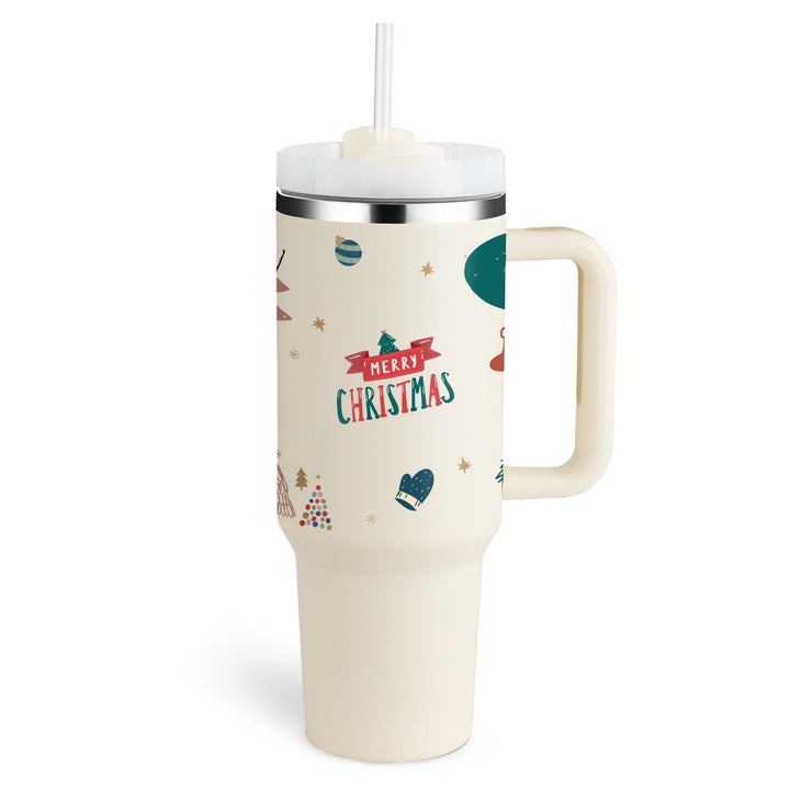 Durable insulated travel mug with handle & straw. Portable solution for hot/cold hydration.