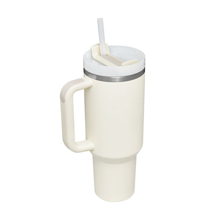 Reusable insulated travel mug with handle & straw. Keeps drinks hot or cold for hours.