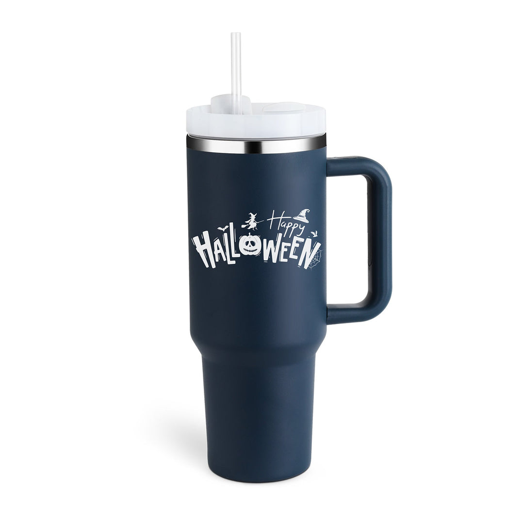 Portable insulated travel mug with handle & straw. Hydrate with hot/cold drinks anywhere.