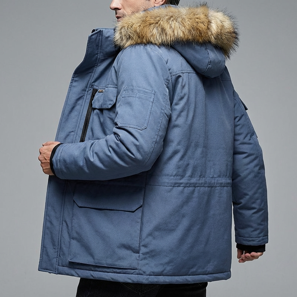 Close-up of durable fabric and stitching on a unisex cotton-padded winter coat, high quality