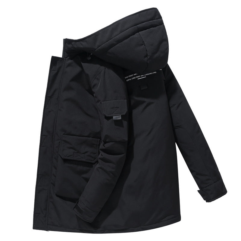 Front view of a unisex insulated winter parka, an essential cold weather jacket for all genders.