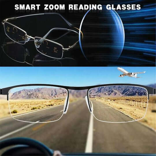 Intelligent progressive reading glasses, unisex design for all ages. Flexible, lightweight frame ensures clear vision.