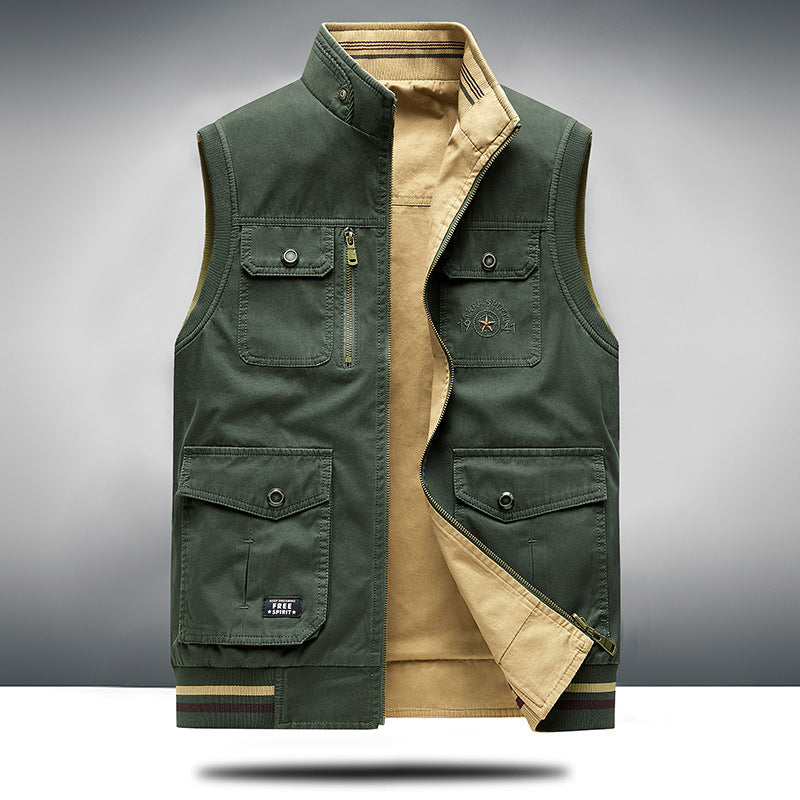 Unisex khaki utility vest with structured design, ideal for casual wear and versatile outerwear.