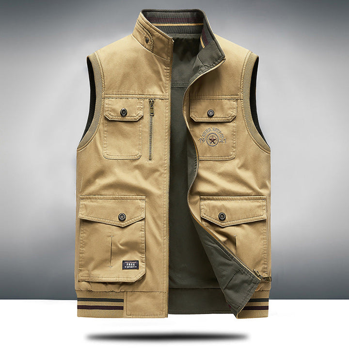 Structured khaki utility vest, unisex apparel featuring multiple pockets, perfect for everyday style.
