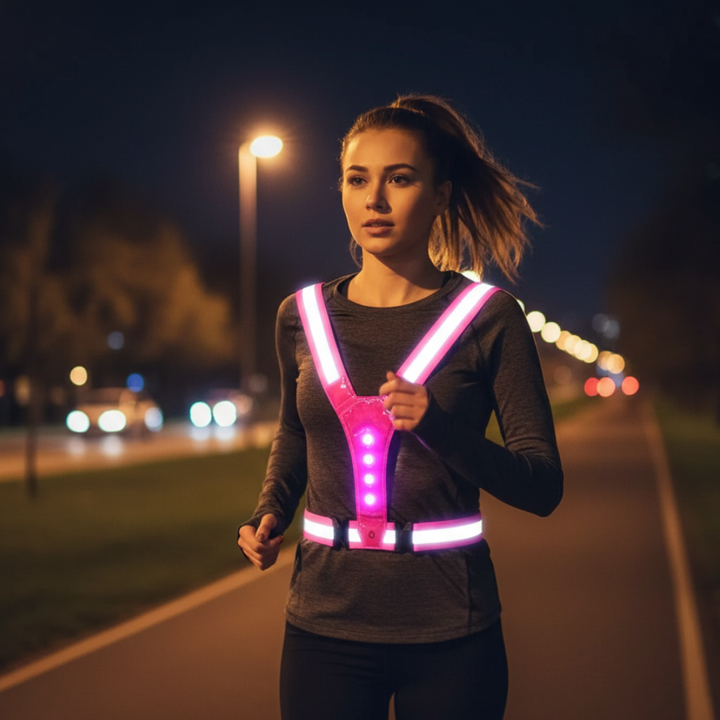 Unisex LED running vest, high visibility for night safety. Reflective, rechargeable, adjustable.