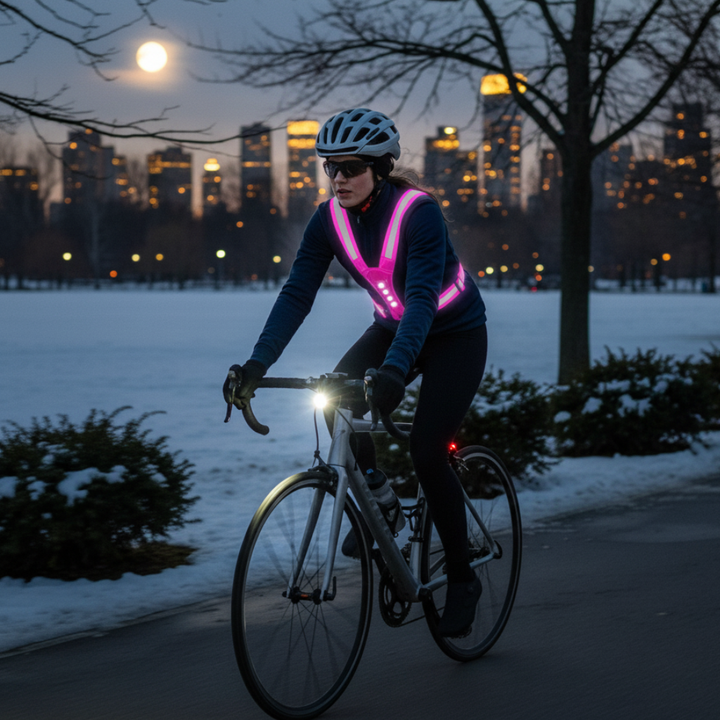 High visibility LED safety vest for night running, cycling, and walking. Rechargeable, reflective.