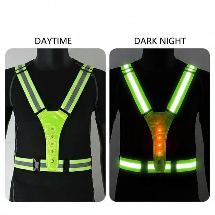 Rechargeable LED safety vest with high visibility for runners & cyclists. Adjustable, reflective.