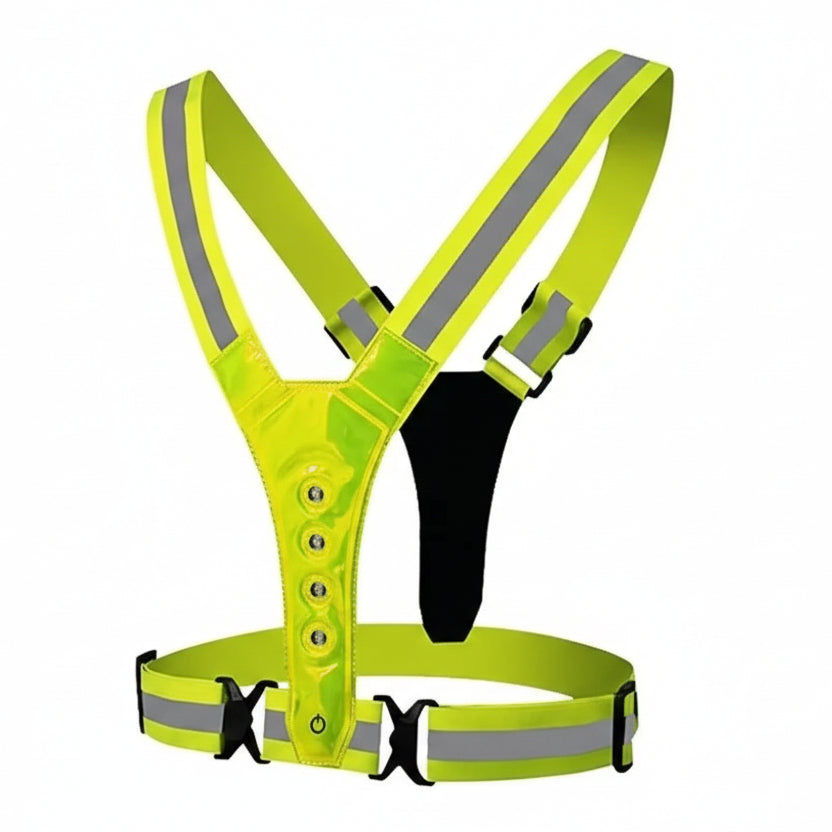 Bright LED reflective safety vest for night running. High visibility, adjustable unisex design.