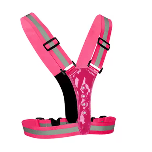 Adjustable, rechargeable LED running vest. High visibility reflective gear for night safety, walking, cycling.