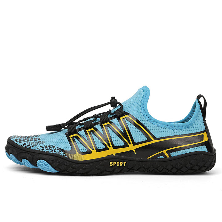 Minimalist barefoot running shoes, promoting natural foot mechanics.